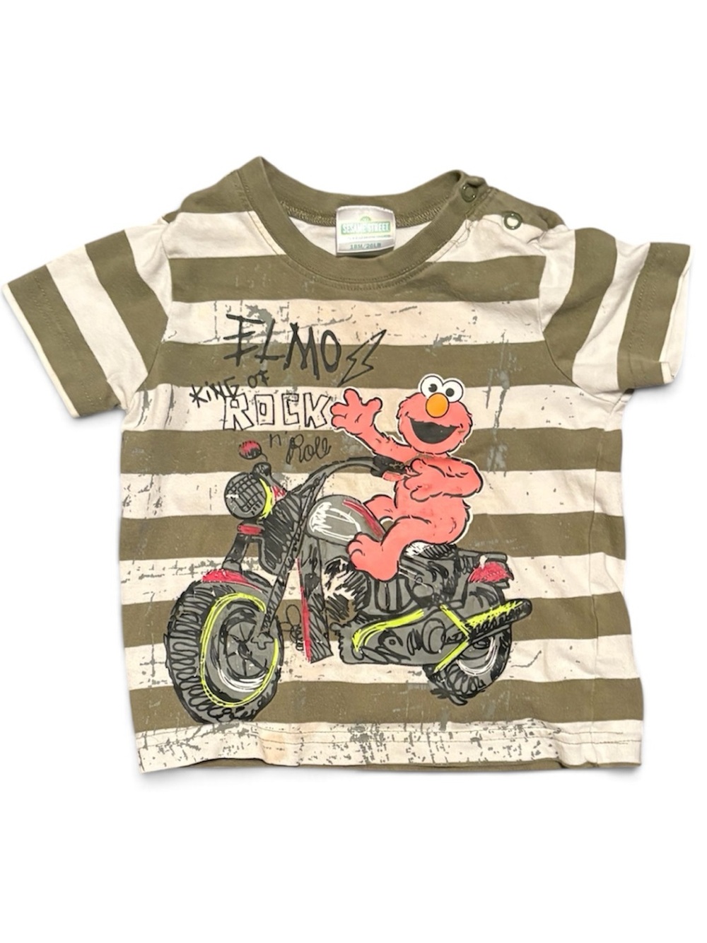 Vintage Y2K Sesame Street Elmo Motorcycle Striped Tee - Olive & White